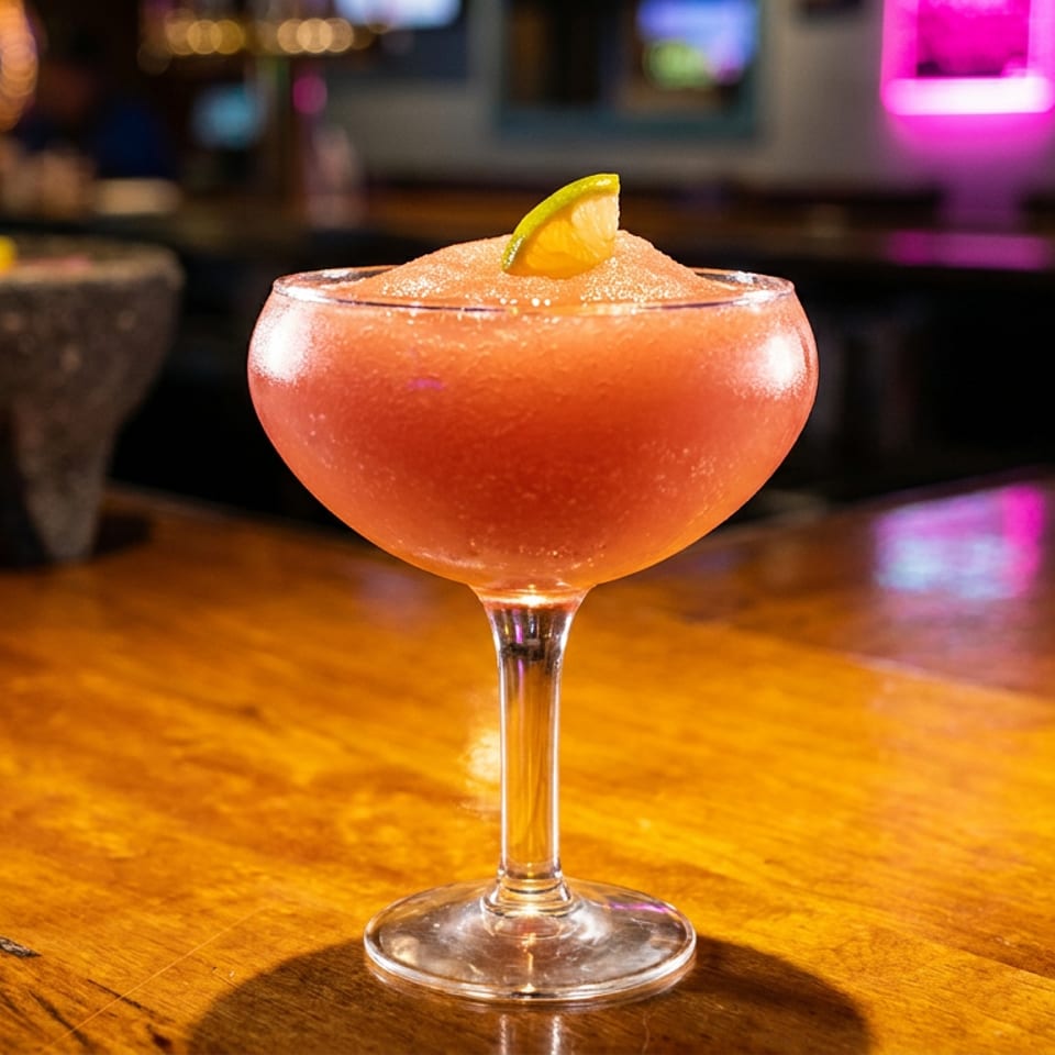 Pink citrus cocktail in a coupe glass, garnished with an orange wedge, sits on a warmly lit wooden bar.