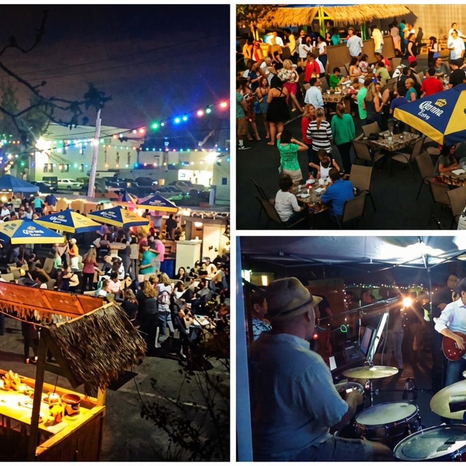 Three-panel collage showing a lively outdoor restaurant festival with colorful lights, dining crowds, branded umbrellas, food stalls, and live music.