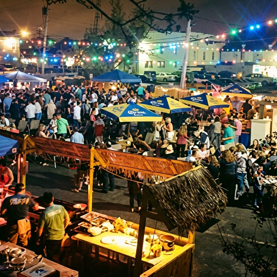 Bustling outdoor restaurant festival at night with food stalls, colorful umbrellas, string lights, and a large crowd.