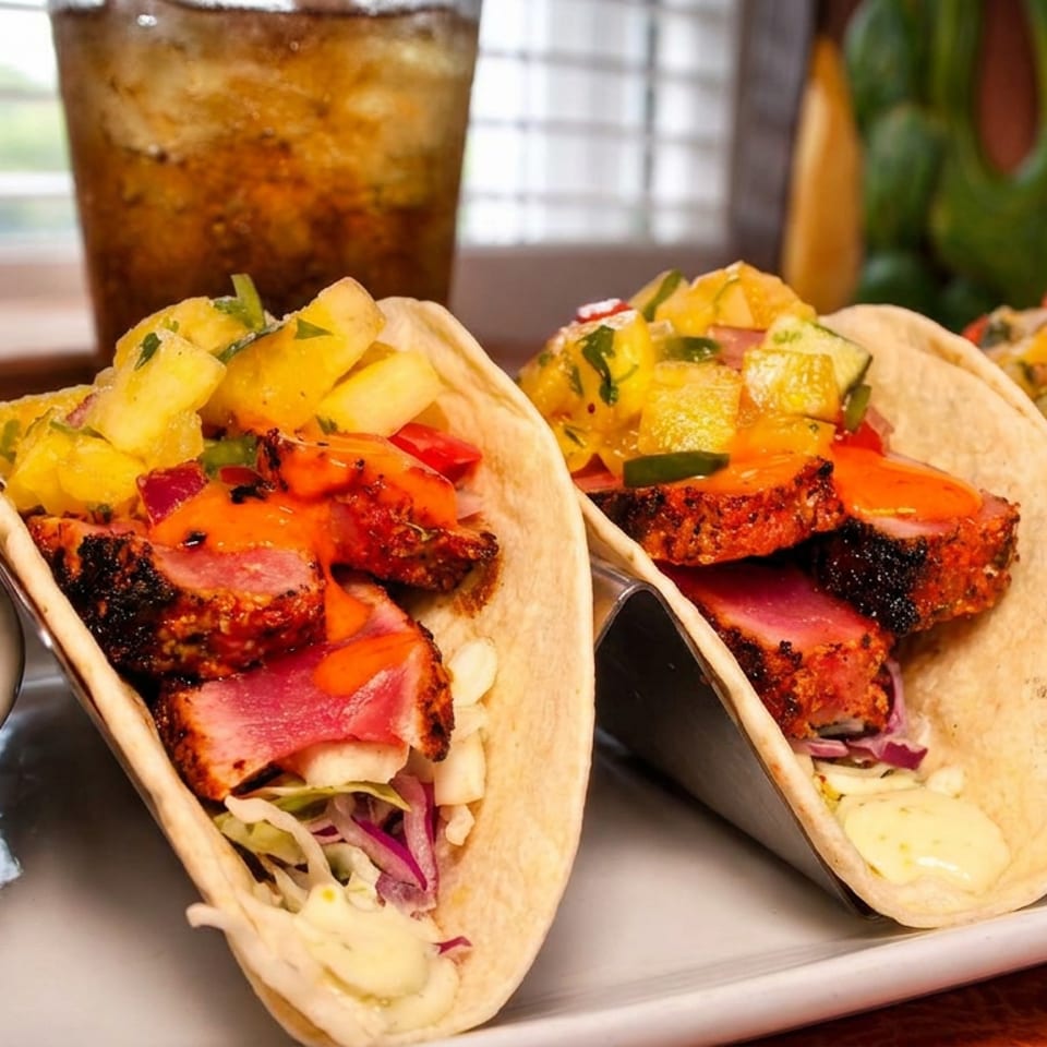 Three soft tacos filled with grilled meat, pineapple salsa, vegetables, and creamy sauce, served with black beans and rice.