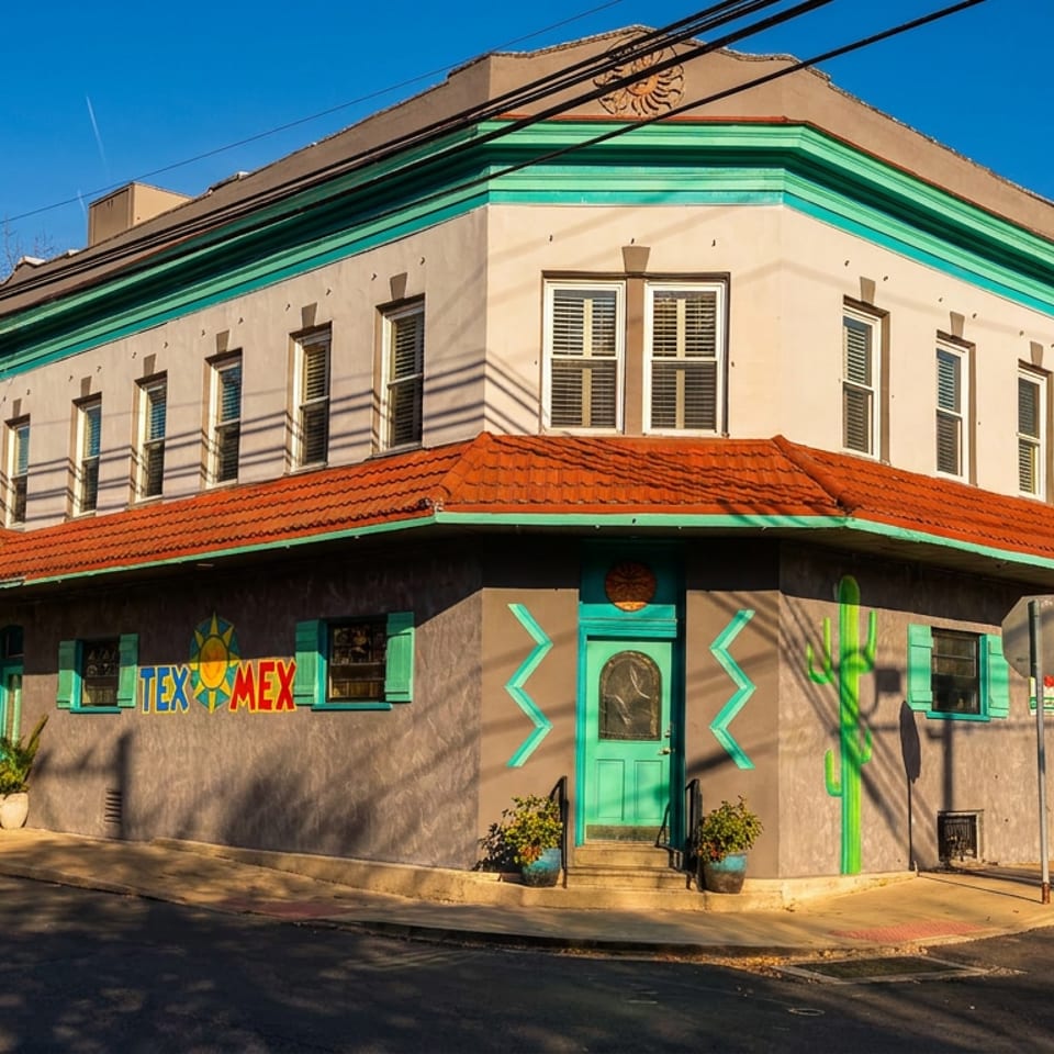 Colorful Tex-Mex restaurant exterior with turquoise trim, red tile awning, cactus murals, and sunny street setting.