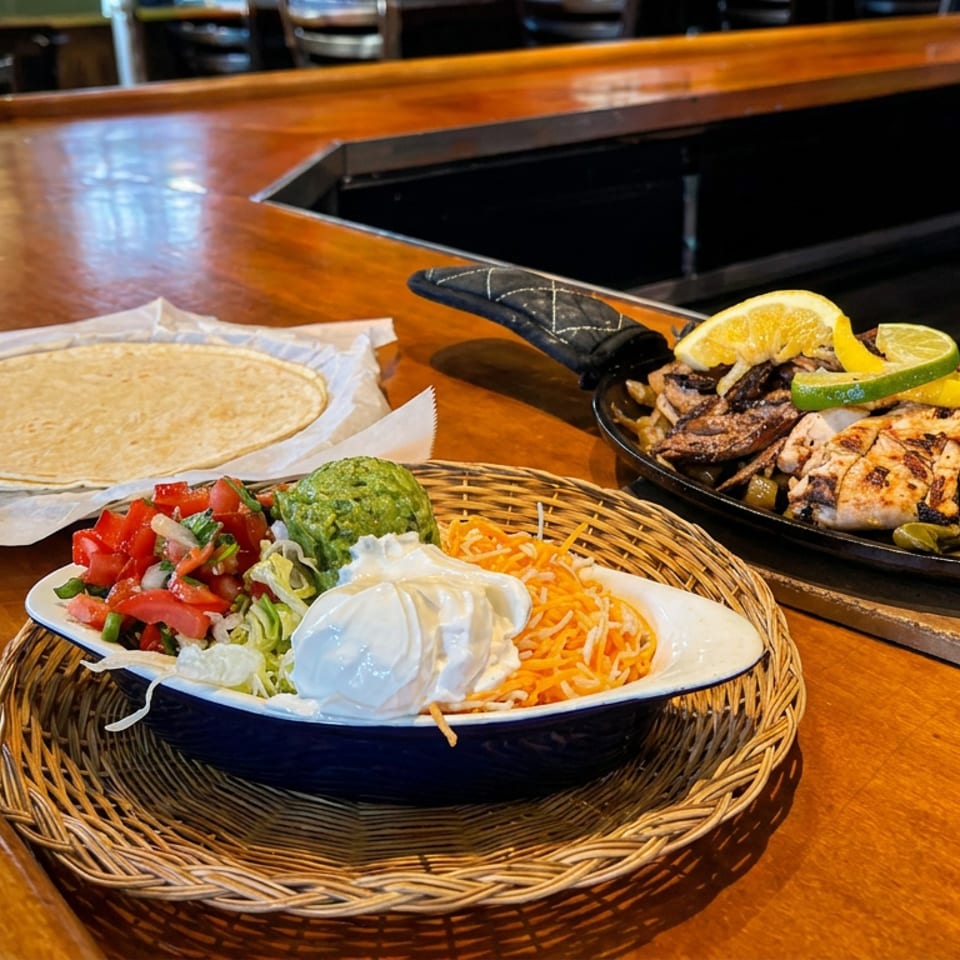 Mexican restaurant meal with grilled chicken, tortillas, rice, beans, guacamole, salsa, sour cream, and citrus on a wooden bar.
