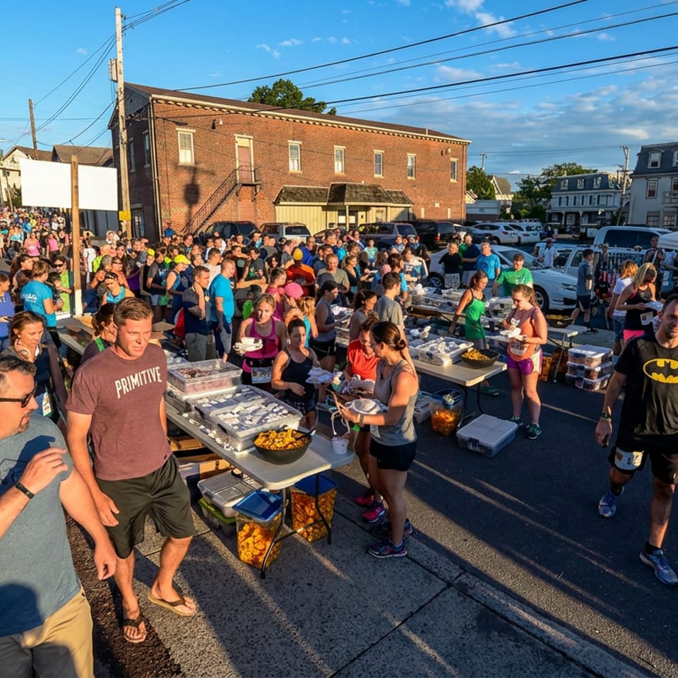 Crowded outdoor community gathering with people serving food at tables beside a brick building on a sunny afternoon.