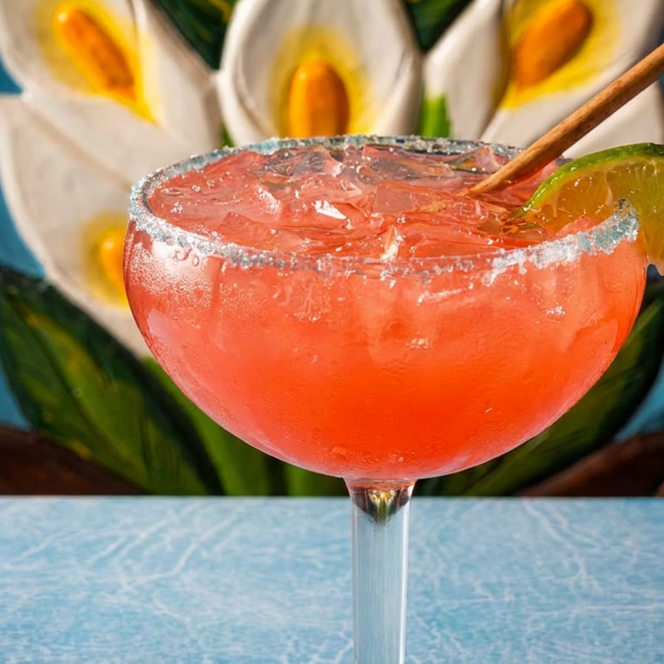 Pink frozen cocktail in a salt-rimmed glass, garnished with lime and a cinnamon stick against a colorful floral backdrop.