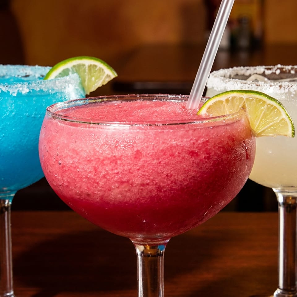 Three colorful frozen margaritas—blue, pink, and pale yellow—with salted rims and lime wedges on a restaurant table.