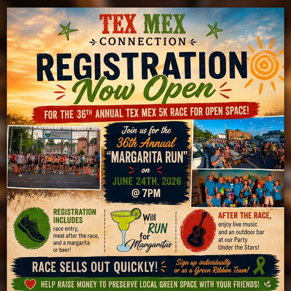 Tex Mex Connection poster announcing registration for the 36th annual Margarita Run on June 24, 2026, with race photos and event details.