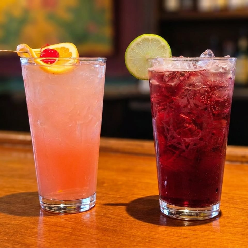 Two iced cocktails, one pink with orange and cherry garnish and one red with lime, sit on a polished bar.
