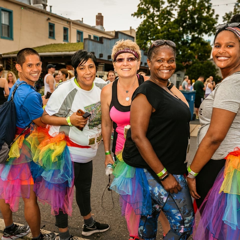 Four smiling women in colorful rainbow tutus pose at a lively outdoor pride celebration surrounded by festival attendees.
