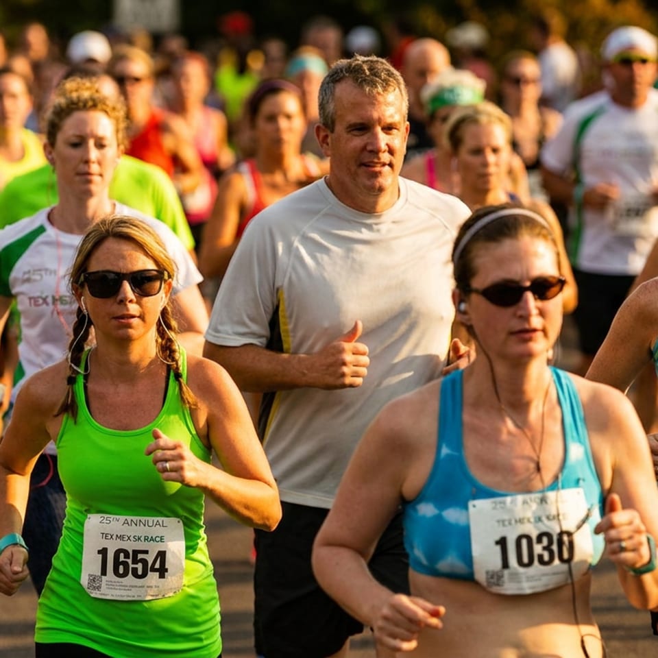 Runners wearing race bibs participate in a crowded outdoor Tex Mex 5K under warm sunlight.
